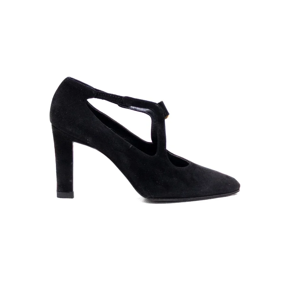 Vintage Fendi Scarpe Black Suede T-Strap Heels with Gold FF Buckle–Size 5.5/EU36